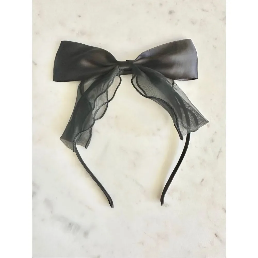 Adorable black satin and sheer ribbon hair headband bow